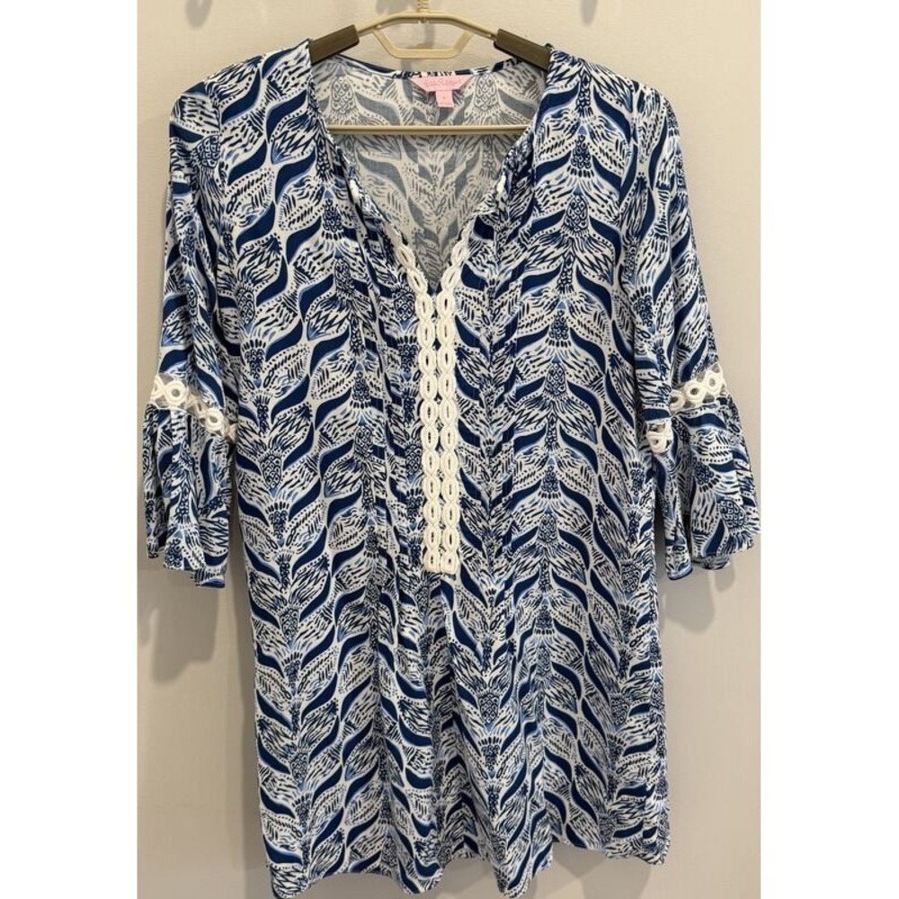 Lilly Pulitzer Willa Tunic Tunic Top A Mermaids Tale Blue White Print Size S